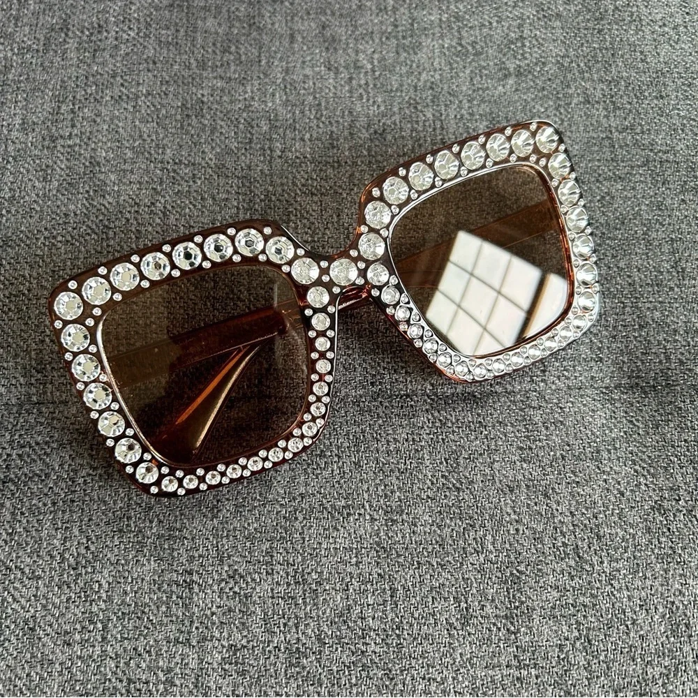 Sparkly, Fluted Rhinestone Rimmed Sunglasses, Brown, Silver